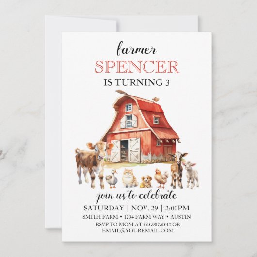 ファームハウス誕生日バーンアニマルズパーティー 招待状 (正面)