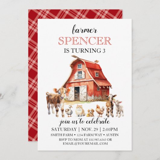 ファームハウス誕生日バーンアニマルズパーティー 招待状 (正面/裏面)
