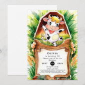ファームハウス風カワイイ牛の誕生日 招待状 (正面/裏面)