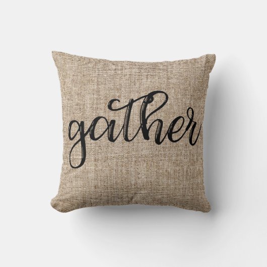 ファームハウス風 レトロな茶色の麻袋風ジュート生地 GATHER クッション (正面)