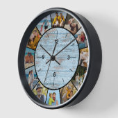 ファームハウス風 青い木製フェンス 12枚の写真のコラージュ 壁時計 (傾斜)