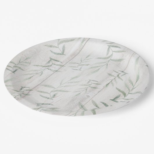 ファームハウス ボタニカル ホワイト ウッド ラスティック リーフ ペーパープレート (アングル)