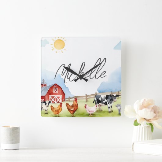 ファームハエレガントウスレッド納屋周囲の庭ファームアニマルカスタム スクエア壁時計 (ホーム)