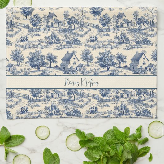ファームハパーソナライズされたウスフランスのブルートワールプリント キッチンタオル (折り畳み)