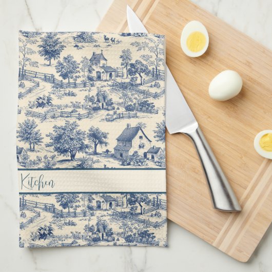 ファームハパーソナライズされたウスフランスのブルートワールプリント キッチンタオル (四つ折り)