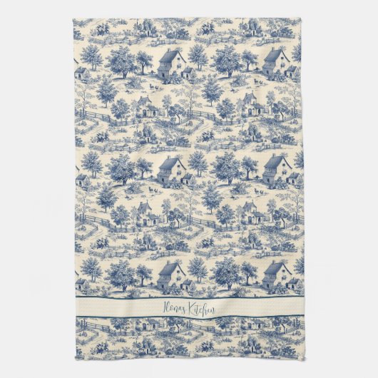 ファームハパーソナライズされたウスフランスのブルートワールプリント キッチンタオル (縦)
