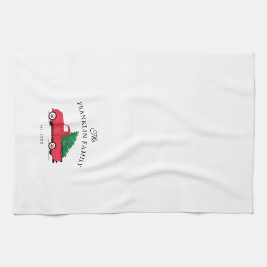 ファームハパーソナライズされたウスホリデーレッドヴィンテージトラック キッチンタオル (横)