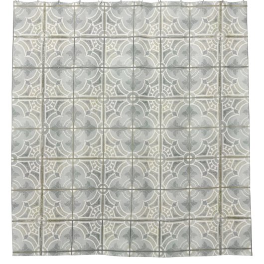 ファームハフランスのウスヴィンテージグレータイルパターン シャワーカーテン (正面)