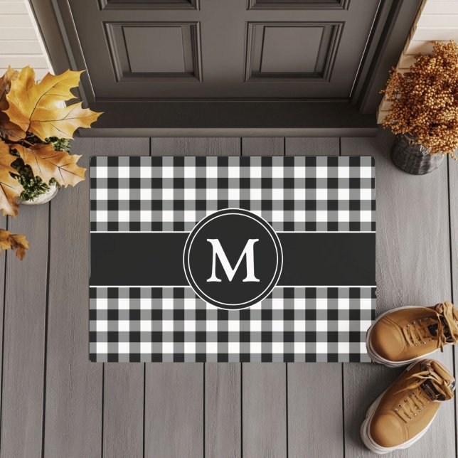 ファームハモダンウスブラックプレイドモノグラム ドアマット (Modern Farmhouse Black Plaid Monogram Doormat)