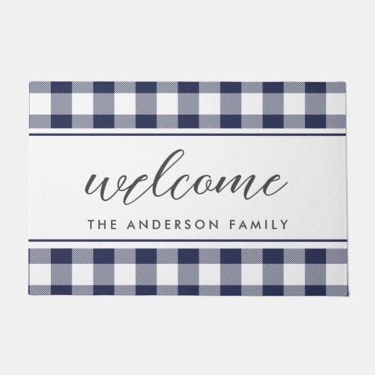 ファームハモダンウスブルーバッファローチェックウェルカム ドアマット (正面)