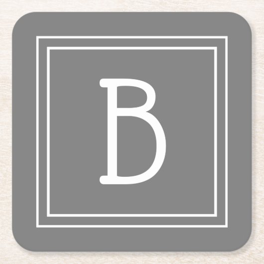 ファームハモダンウスモノグラムのグレイ&ホワイトイニシャル スクエアペーパーコースター (正面)