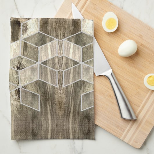 ファームハモダンウス茶色の木幾何学模様 キッチンタオル (四つ折り)