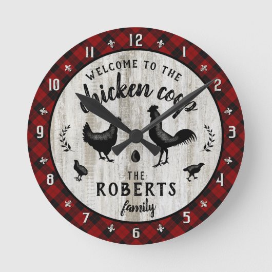ファームハ素朴イキチキンクープウッドプレイドカスタム ラウンド壁時計 (正面)