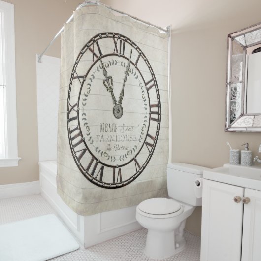 ファームハ素朴ウスローマ数字時計タイポグラフィ シャワーカーテン (インサイチュ)