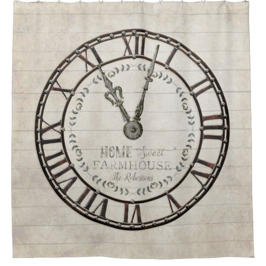 ファームハ素朴ウスローマ数字時計タイポグラフィ シャワーカーテン (正面)