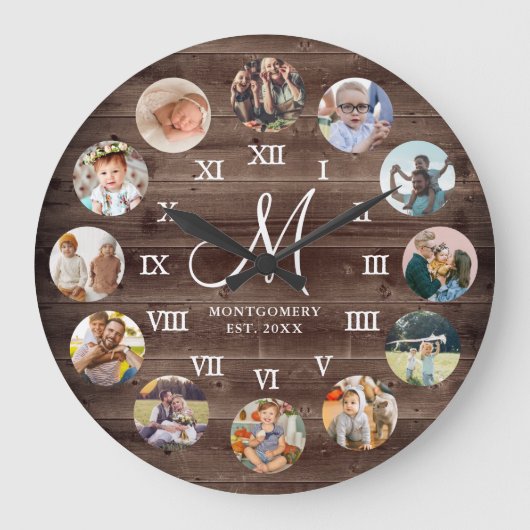 ファームハ素朴ウス家族フォトコラージモノグラム ラージ壁時計 (正面)