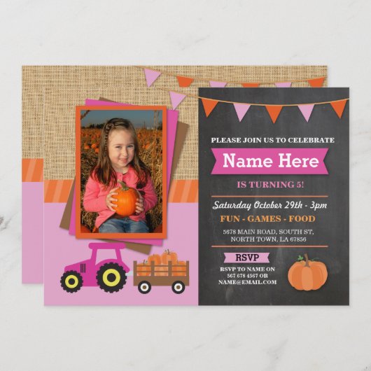 ファームバースデーパーティーパンプキントラクターフォト招待状 招待状 (正面/裏面)