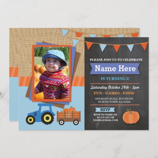 ファームバースデーパーティーパンプキントラクターフォト招待状 招待状 (正面/裏面)