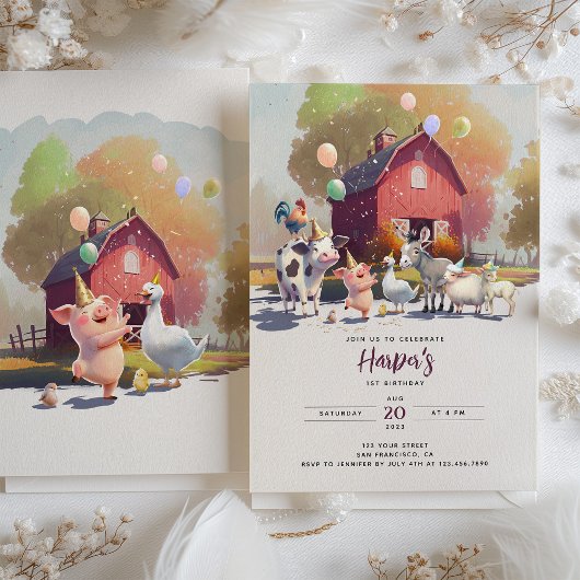 ファームバースデーパーティー動物招待状 招待状