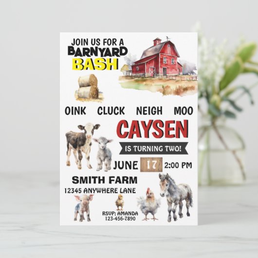 ファームバーンアニマルズウォーターカラー誕生日招待状 招待状 (スタンド正面)