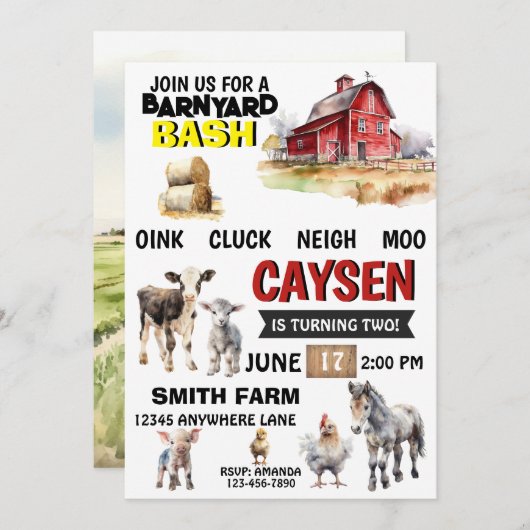 ファームバーンアニマルズウォーターカラー誕生日招待状 招待状 (正面/裏面)