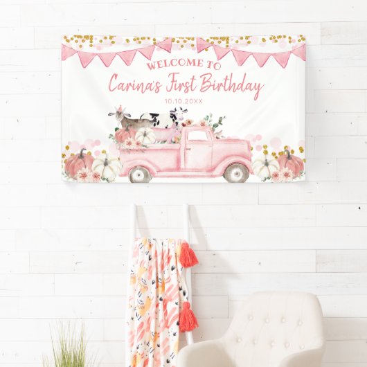 ファームパンプキンピンクトラックドライブ誕生日背景 横断幕 (インサイチュ)