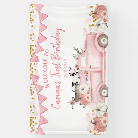 ファームパンプキンピンクトラックドライブ誕生日背景 横断幕 (縦)