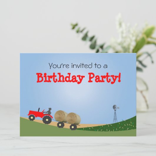 ファームパーティの招待状:赤トラクタ 招待状 (スタンド正面)