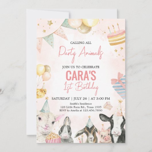 ファームパーティー動物の誕生日パーティー 招待状 (正面)