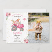 ファームパーティー動物ピンクトラクター写真 招待状 (正面)