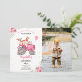 ファームパーティー動物ピンクトラクター写真 招待状