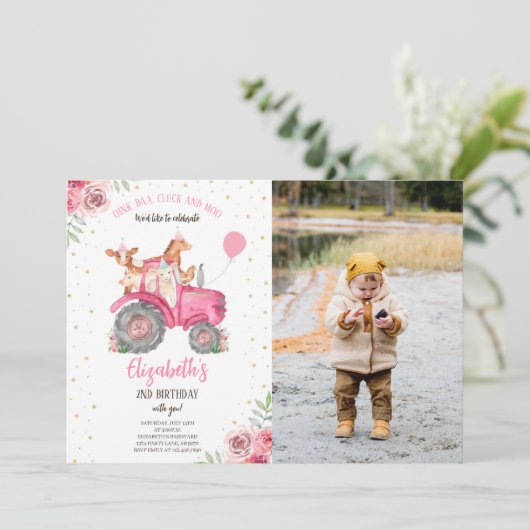ファームパーティー動物ピンクトラクター写真 招待状 (スタンド正面)