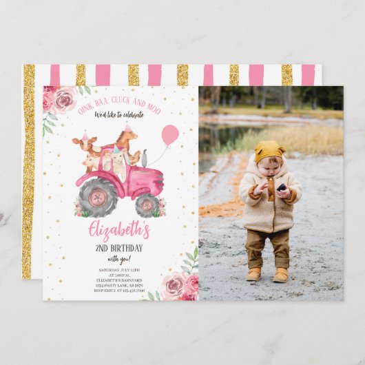 ファームパーティー動物ピンクトラクター写真 招待状 (正面/裏面)