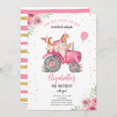 ファームパーティー動物ピンクトラクター 招待状 (正面/裏面)