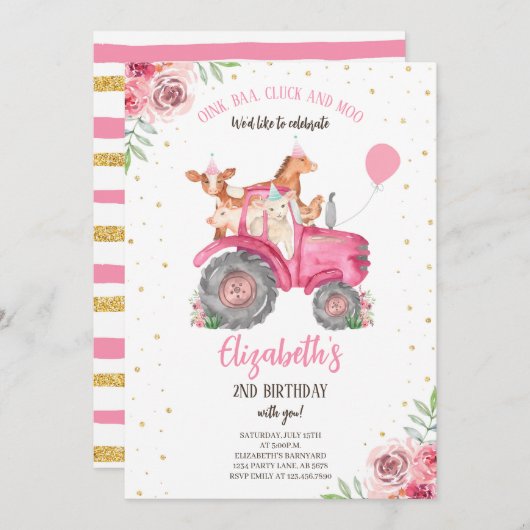 ファームパーティー動物ピンクトラクター 招待状 (正面/裏面)