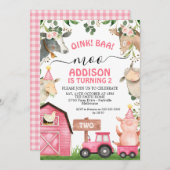 ファームピンクバーンアンドトラクターガールズ誕生日 招待状 (正面/裏面)