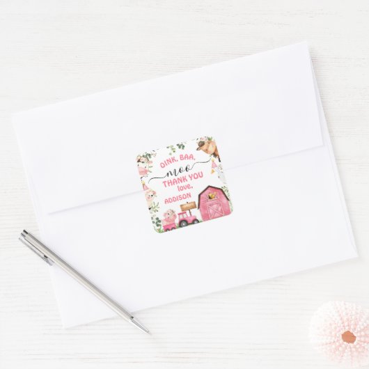 ファームピンクバーントラクター誕生日サンキューユー スクエアシール (封筒)