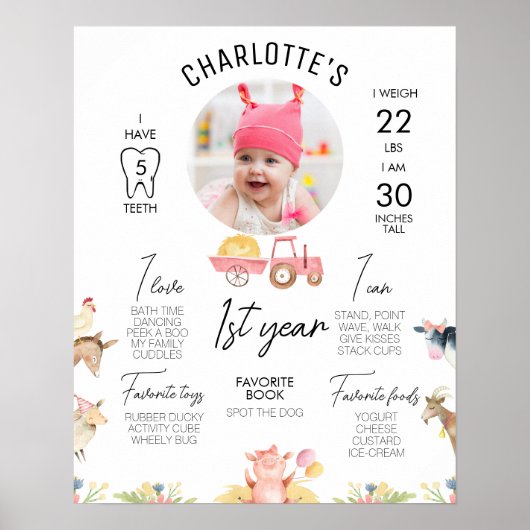 ファームピンクモダンのトラクターラウンドフォトマイルストーン ポスター (正面)