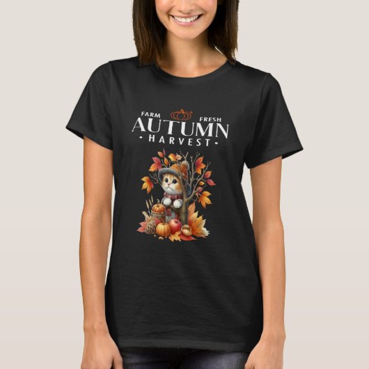 ファームフレッシュな秋の収穫 トレンディーな森の子猫 Tシャツ (正面)