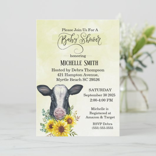 ファームブラックカウイエローヒマワリ赤ちゃんシャワー 招待状 (スタンド正面)