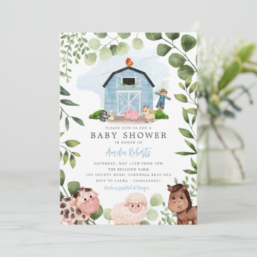 ファームベビーシャワー招待ブルーバーン招待状 招待状 (スタンド正面)