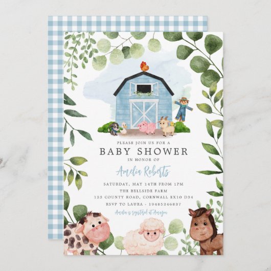 ファームベビーシャワー招待ブルーバーン招待状 招待状 (正面/裏面)