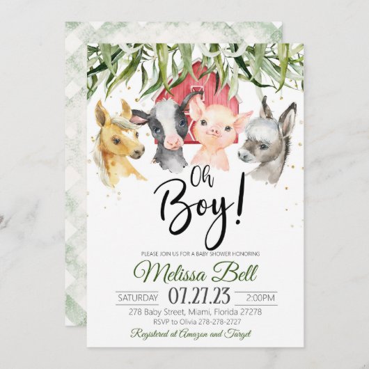 ファームベビーシャワー招待少年ボホ 招待状 (正面/裏面)