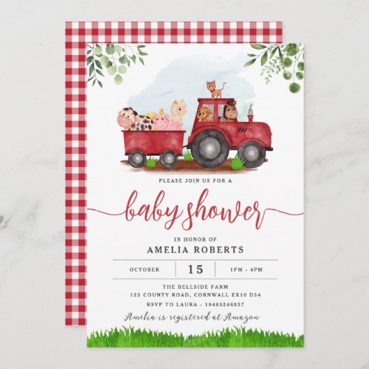 ファームベビーシャワー招待赤トラクター招待状 招待状 (正面/裏面)
