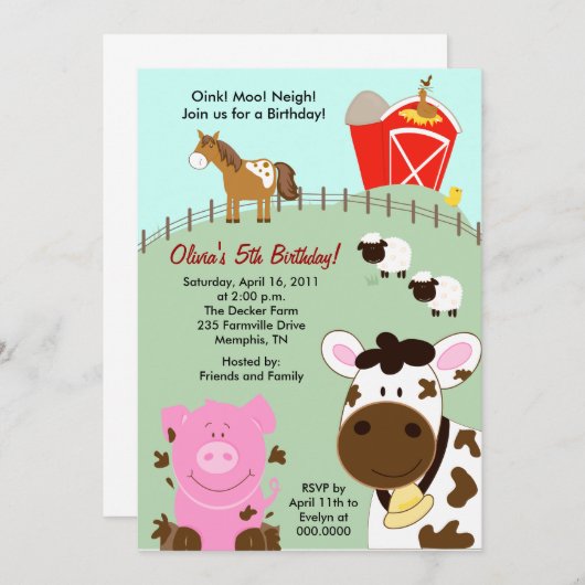 ファームベビー納屋周囲の庭5x7誕生日招待状 招待状 (正面/裏面)