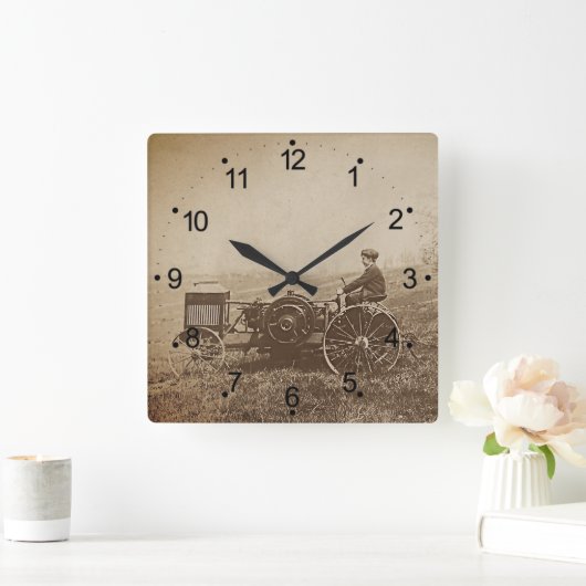 ファームボーイ&アンティークトラクターブラウン スクエア壁時計 (ホーム)