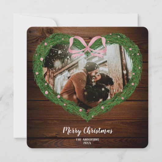 ファームメリー素朴クリスマスハートリース写真 招待状 (正面)