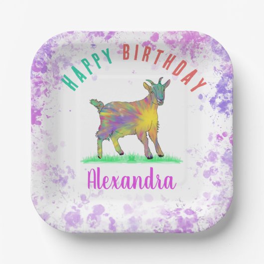 ファームヤギカラフルガールズバースデーパーティー名 ペーパープレート (正面)