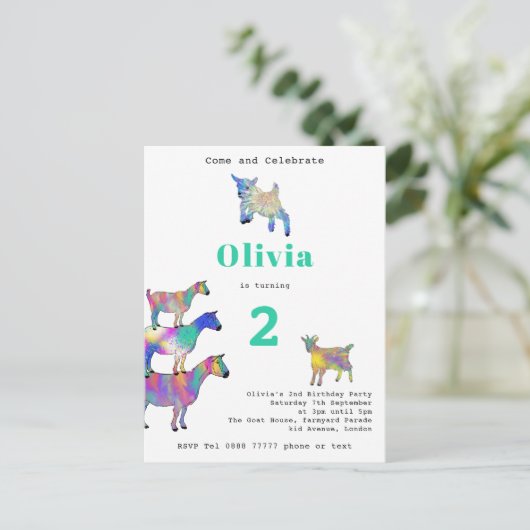 ファームヤギカラフルツ誕生日パーティー インビテーションポストカード (スタンド正面)