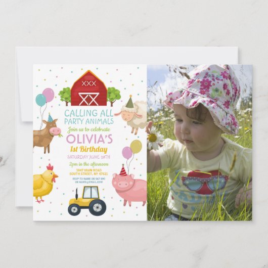 ファームヤードアニマルズファースト子供の誕生日ピンクガールズ 招待状 (正面)
